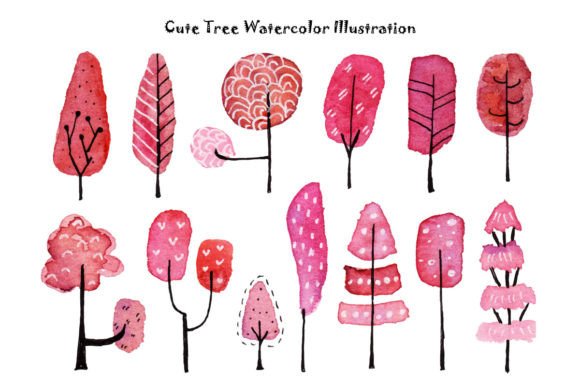 Cute Pink and Red Tree Watercolor Illustrations for Digital Sellers