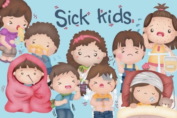 Sick Kids Clipart - Kids Watercolor Illustrations for Creative Sellers