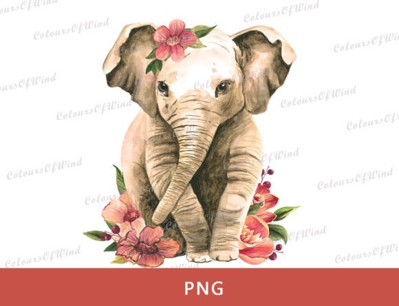 Watercolor Baby Elephant in Pink Floral Illustrations for Crafters