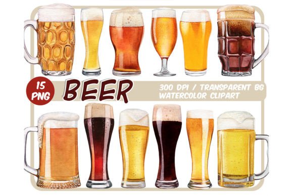 Watercolor Beer Alcoholic Clipart Set for Illustrations & Digital Product Sellers