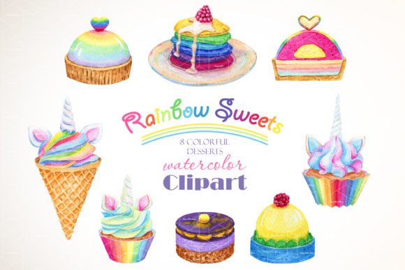 Watercolor Rainbow Dessert Cupcake Illustration