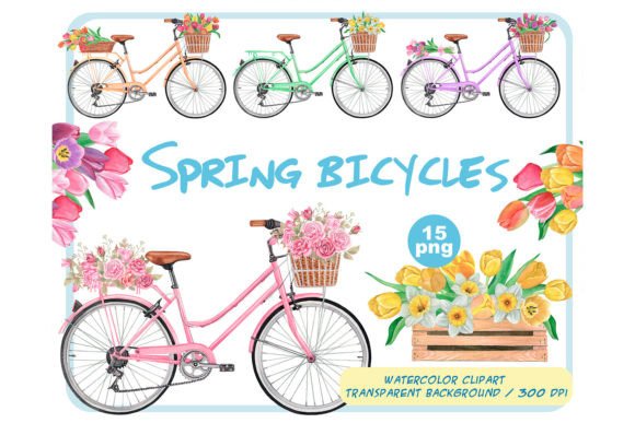Watercolor Spring Bicycles Clipart for Lifestyle & Editorial Design
